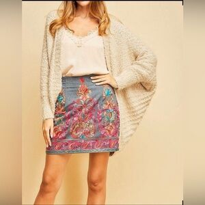 Umgee NWT Boho Embroidered Paisley High-Waist A-Line Denim Mini Skirt